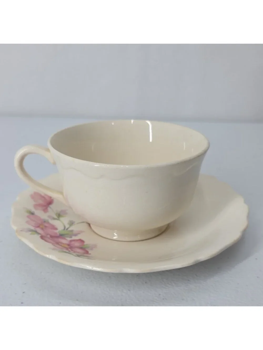 Vtg Keystone Canonsburg Pottery Co Pink Floral Tea Cup & Saucer 1950s Feminine